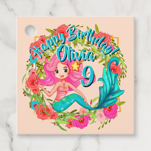 Name Age Pink Mermaid Blue Schwanz Birthday Party  Geschenkanhänger (Vorderseite)