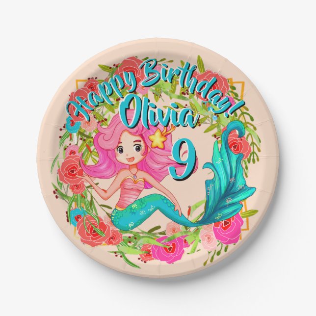 Name Age Pink Mermaid Blue Schwanz Birthday Party  Pappteller (Vorderseite)