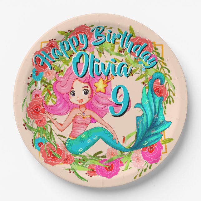 Name Age Pink Mermaid Blue Schwanz Birthday Party  Pappteller (Vorderseite)