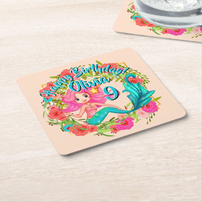 Name Age Pink Mermaid Blue Schwanz Birthday Party  Rechteckiger Pappuntersetzer (angewinkelt)