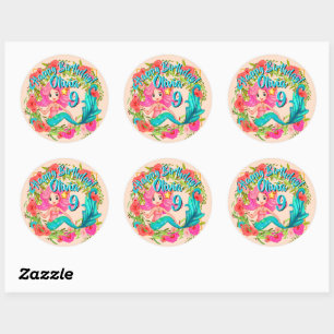 Name Age Pink Mermaid Blue Schwanz Birthday Party  Runder Aufkleber