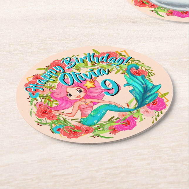 Name Age Pink Mermaid Blue Schwanz Birthday Party  Runder Pappuntersetzer (Angewinkelt)