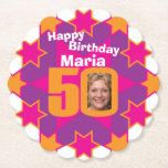 Name alles Gute zum Geburtstag 50. und Untersetzer<br><div class="desc">50. Geburtstags-Party-Papier-Untersetzer des lila,  rosa und orange Gelbs. Groß,  eine persönliche Touch einem Geburtstags-Feier-Party der Überraschung hinzuzufügen 50. Personifizieren Sie mit Ihrem Geburtstagsmädchen-Foto im 0 von 50 und personifizieren Sie mit Ihrer Wahl des Namens. Entwerfen Sie durch Sarah Trett für www.mylittleeden.com</div>