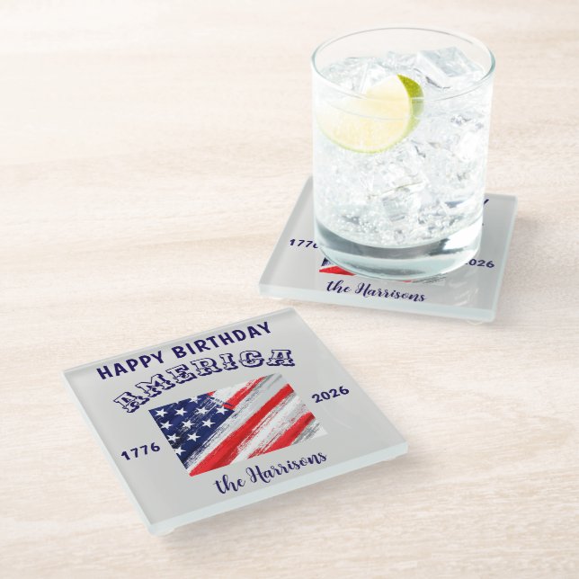 Name || Alles Gute zum Geburtstag Amerika Rustisch Glasuntersetzer (Schrägansicht)