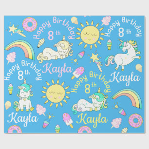 Name & Alter Einhörner & Regenbogen Party Muster Geschenkpapier