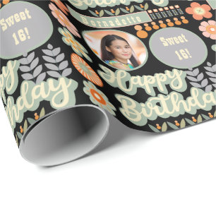 Name Alter Foto Retro Vintage Gänseblümchen Geburt Geschenkpapier