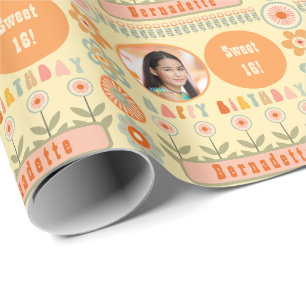 Name Alter Foto Retro Vintage Gänseblümchen Geburt Geschenkpapier
