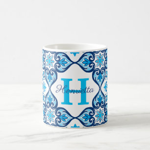 💙🤍 Name + Anfangsbuchstabe blau - weiß Azulejos  Kaffeetasse