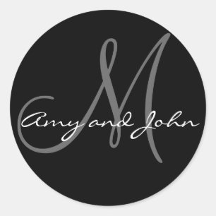 Name & Anfangsbuchstabe Hochzeitsticker Schwarz Runder Aufkleber