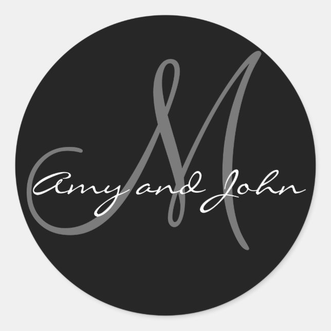 Name & Anfangsbuchstabe Hochzeitsticker Schwarz Runder Aufkleber (Vorderseite)