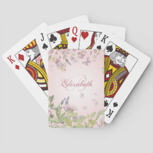 Name + Anfangsbuchstabe Rosa Wilde Blumen + Schmet Spielkarten