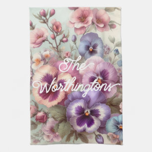 Name Aquarell Antike Stiefmütterchen Blumen Pastel Geschirrtuch
