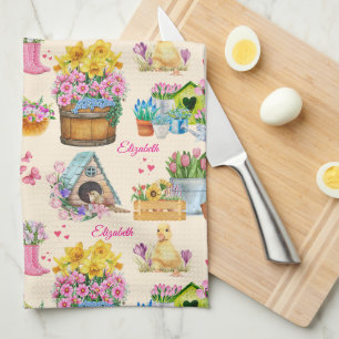 Name Aquarell-Blumenmuster auf cremefarbenem Hinte Geschirrtuch