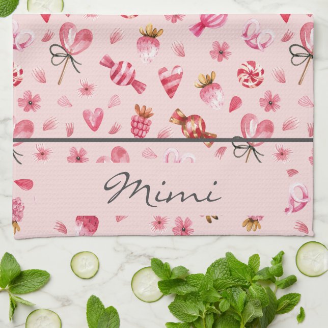 Name, Aquarellfarben, Valentine Candy Muster Geschirrtuch (Gefaltet)
