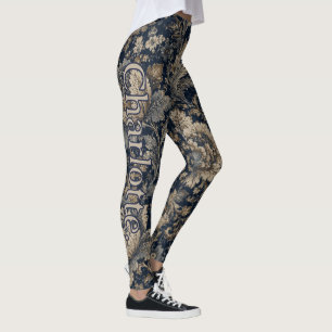 Name auf Navy Gold Botanical Textil Muster Leggings