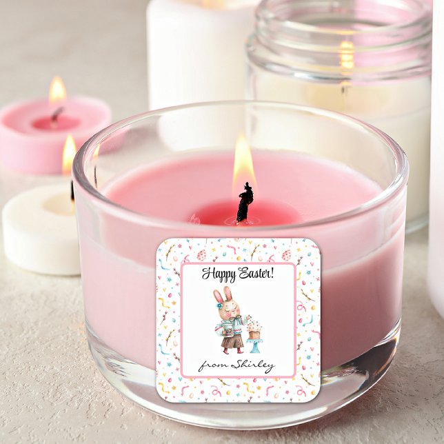 Name auf Niedlich Happy Oaster Bunny 1.5 in Quadratischer Aufkleber (Von Creator hochgeladen)