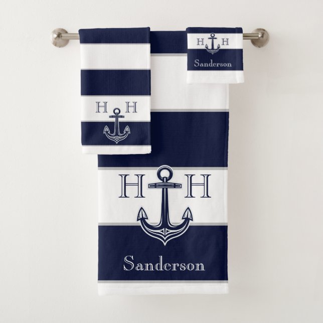 Name B: Nautic Navy Blue Anchor Coastor Monogram N Badhandtuch Set (Insitu)