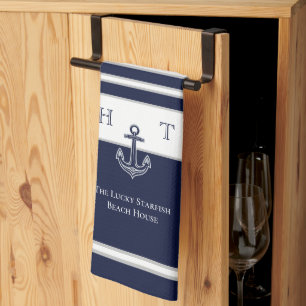 Name B: Nautic Navy Blue Anchor Coastor Monogram N Geschirrtuch