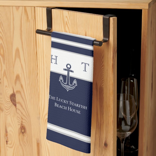 Name B: Nautic Navy Blue Anchor Coastor Monogram N Geschirrtuch (Drittel gefaltet)