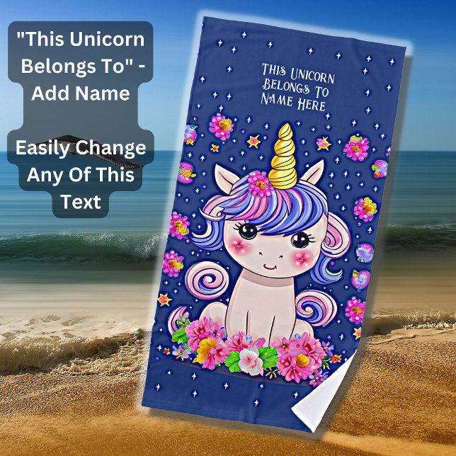 Name, Baby Unicorn Blume & Sterne Blau hinzufügen Strandtuch (Von Creator hochgeladen)