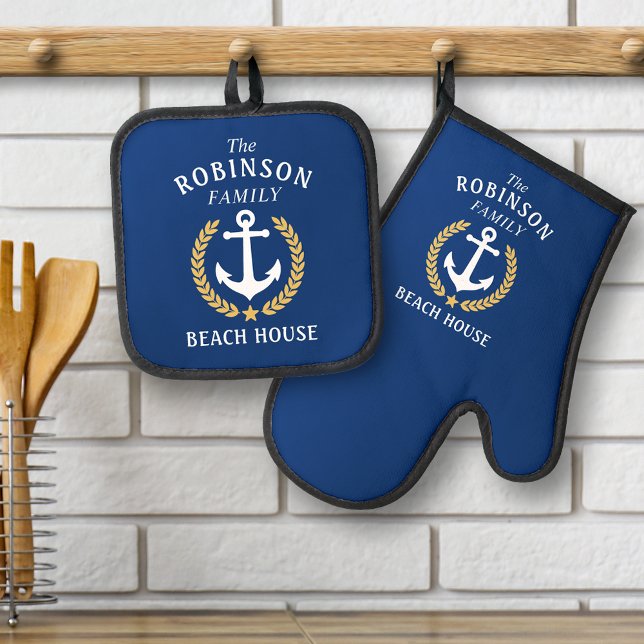 Name Beach House Anchor Gold Laurel Star Ofenhandschuh & Topflappen-Set (Von Creator hochgeladen)