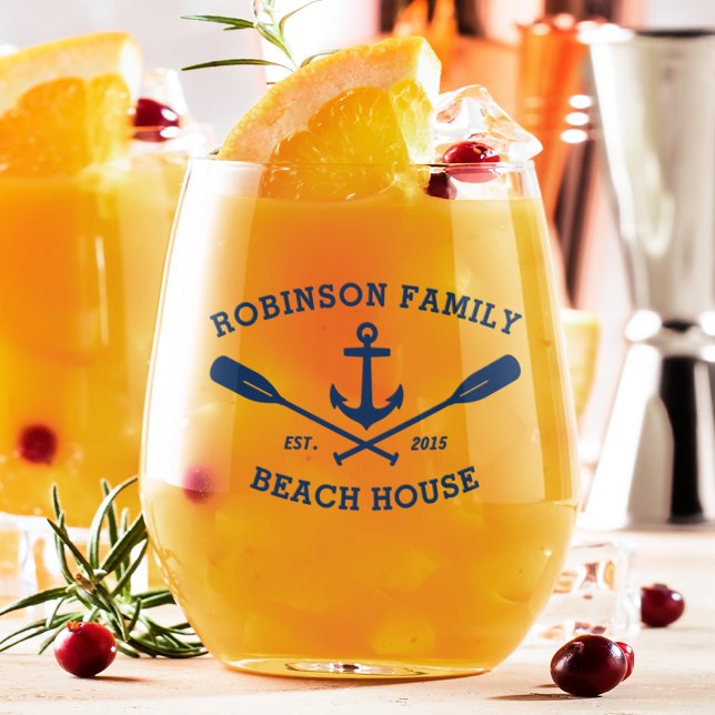 Name Beach House Nautic Anchor Oars Navy Weinglas Ohne Stiel (Von Creator hochgeladen)
