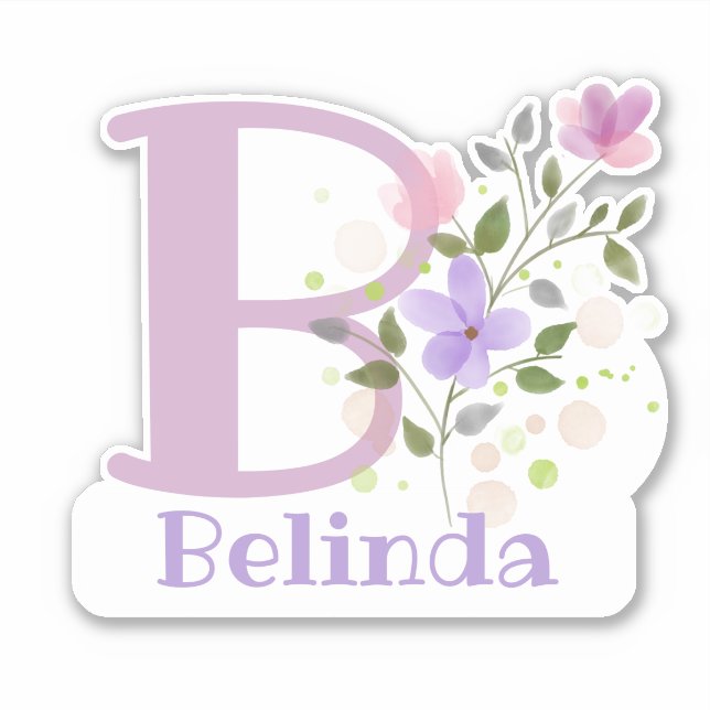 Name Belinda plus Initial mit Blumendesign Aufkleber (Vorderseite)