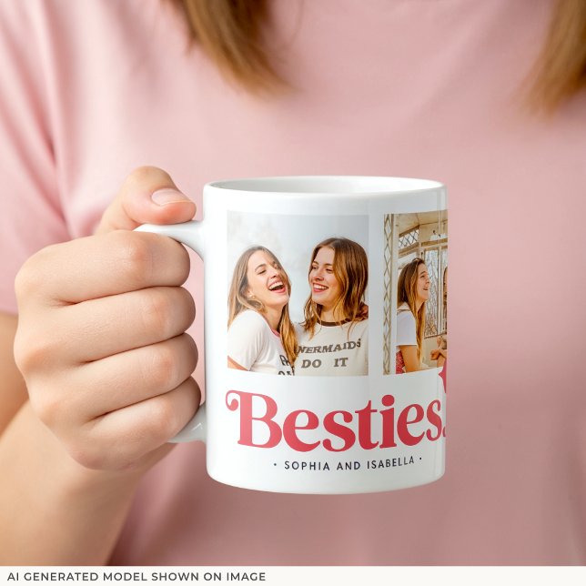 Name Besties Collage Foto Tasse (11 oz Mug is shown. Customize it with your bestie's pictures and names.)