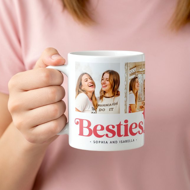 Name Besties Collage Foto Tasse (11 oz Mug is shown. Customize it with your bestie's pictures and names.)