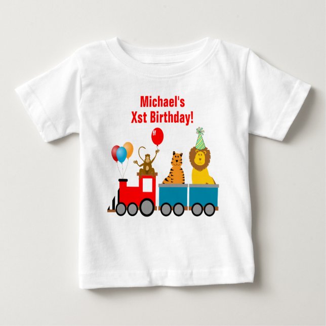 Name Birthday Boy Zoo Safari Animal Lion Train Baby T-shirt (Vorderseite)