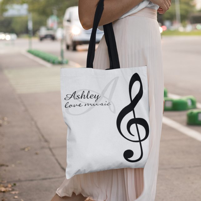 Name & Black Treble Clef Music Tote Tasche (love music)