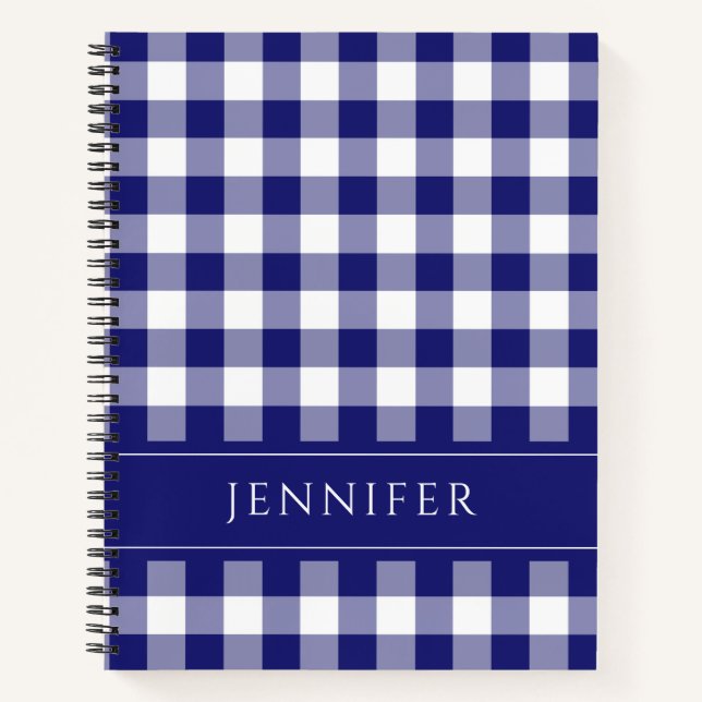 Name Blau & Weiß Gingham Prüfmuster Editor Notizbuch (Vorderseite)