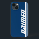 Name blaue und weiße Streifen Pad-Gehäuse Case-Mate iPhone Hülle<br><div class="desc">Rot-weiße Pad-Gehäuseabdeckung im Sportstil. Fall liest: Daimen oder personalisieren Sie diesen Fall mit dem Namen Ihrer Wahl. Ein perfektes Geschenk für ein lebendiges sportliches Kind oder Erwachsener,  um einen Pad vor Stößen und Kratzern und Verlust zu schützen. Einzigartig gestaltet von Sarah Trett.</div>