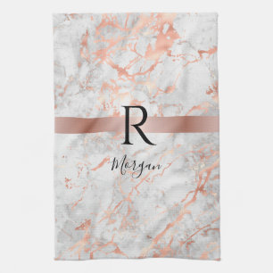 Name/Blk Monogramm, Weißer & Roségoldener Marmor, Geschirrtuch
