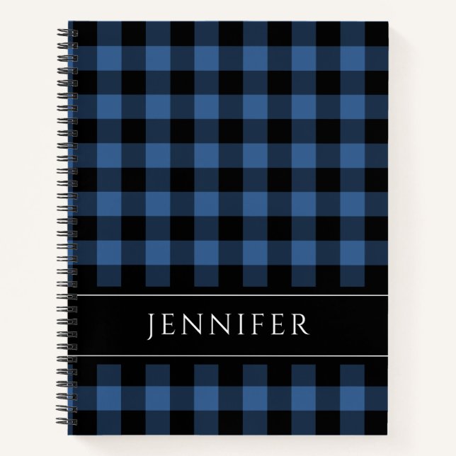 Name Blue & Black Karos Kariert Gingham Pattern Ni Notizbuch (Vorderseite)
