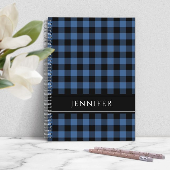 Name Blue & Black Karos Kariert Gingham Pattern Ni Notizbuch (Personalized Modern Blue Plaid Notebook)