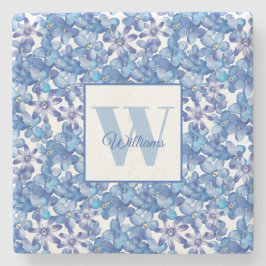 Name Blue Floral Botanic Monogram Steinuntersetzer