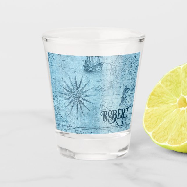 Name, Blue Imitats Old World Map 1.5oz Schnapsglas (Vorderseite)