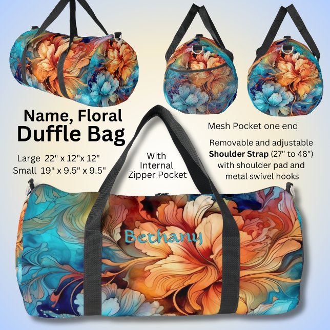 Name Blume Aqua & Gold Blumen Abstrakt hinzufügen Duffle Bag (Von Creator hochgeladen)