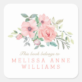 Name Blush Coral Watercolor Floral Buchzeichen Quadratischer Aufkleber