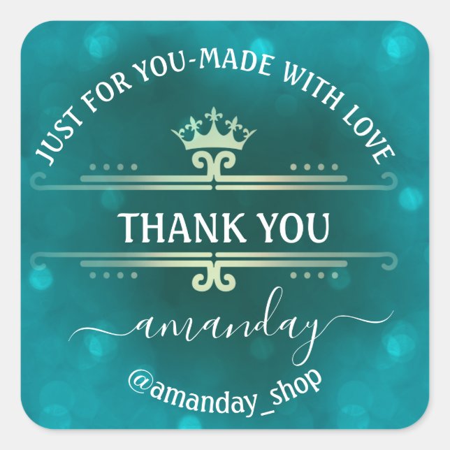 Name Boutique Shop Royal Crown Gold Aquamarin Quadratischer Aufkleber (Vorderseite)