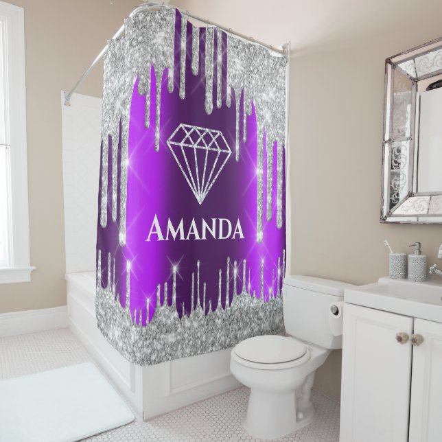 Name Bridal Glitzer Tropfen Grau Lila Diamond Duschvorhang (Beispiel)