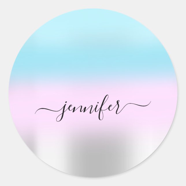 Name Bridal OMBRE Minimalismus Pink Blue Silver Runder Aufkleber (Vorderseite)