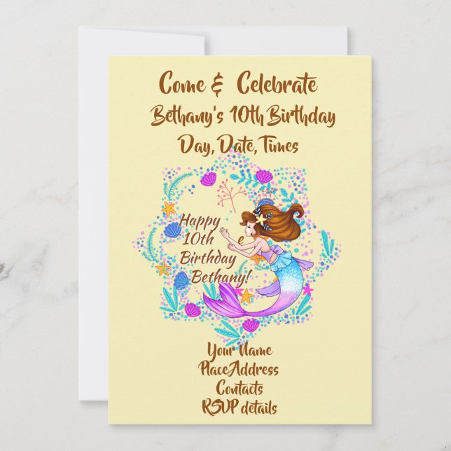 Name Brown Hair Mermaid Mauve auf Cream Party hinz Einladung (Vorderseite)