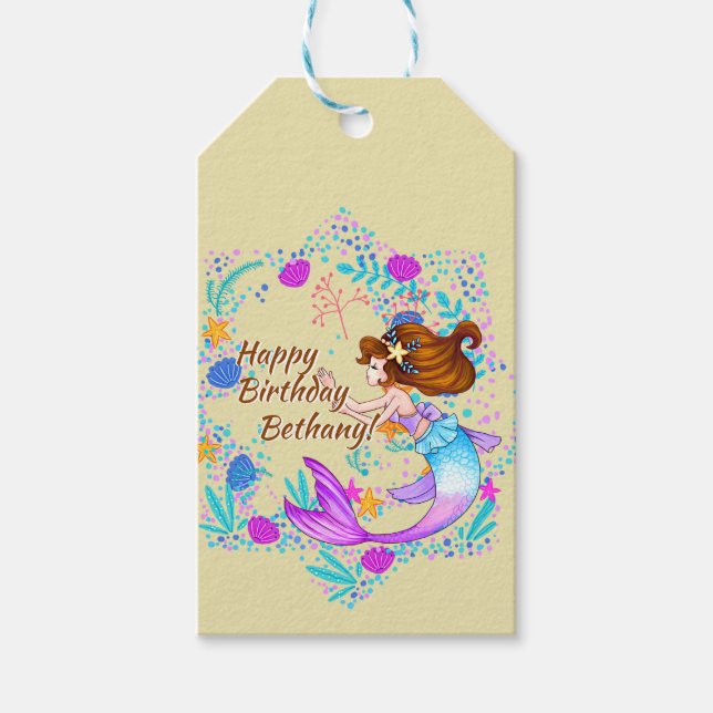 Name Brown Hair Mermaid Mauve auf Cream Party hinz Geschenkanhänger (Vorderseite)