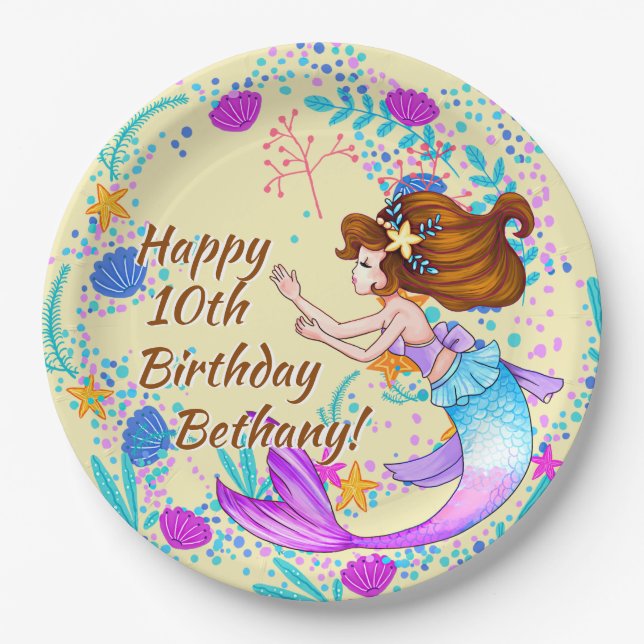Name Brown Hair Mermaid Mauve auf Cream Party hinz Pappteller (Vorderseite)