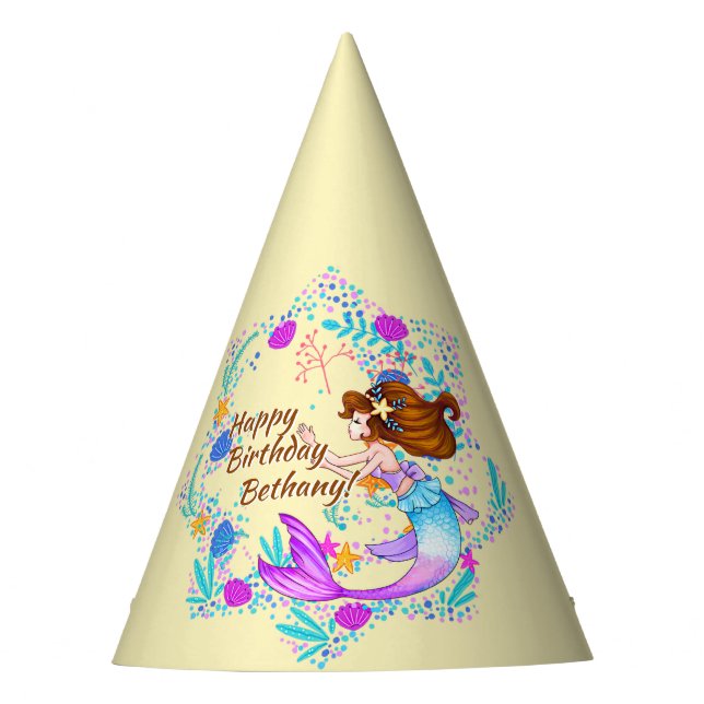 Name Brown Hair Mermaid Mauve auf Cream Party hinz Partyhütchen (Vorderseite)