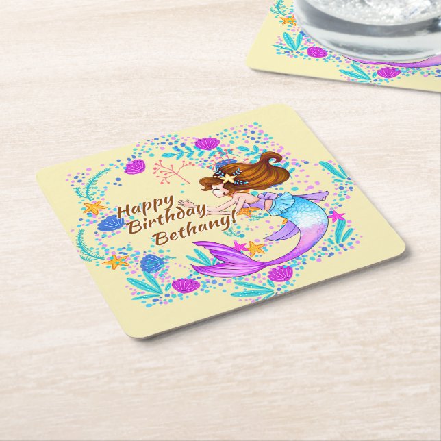 Name Brown Hair Mermaid Mauve auf Cream Party hinz Rechteckiger Pappuntersetzer (angewinkelt)