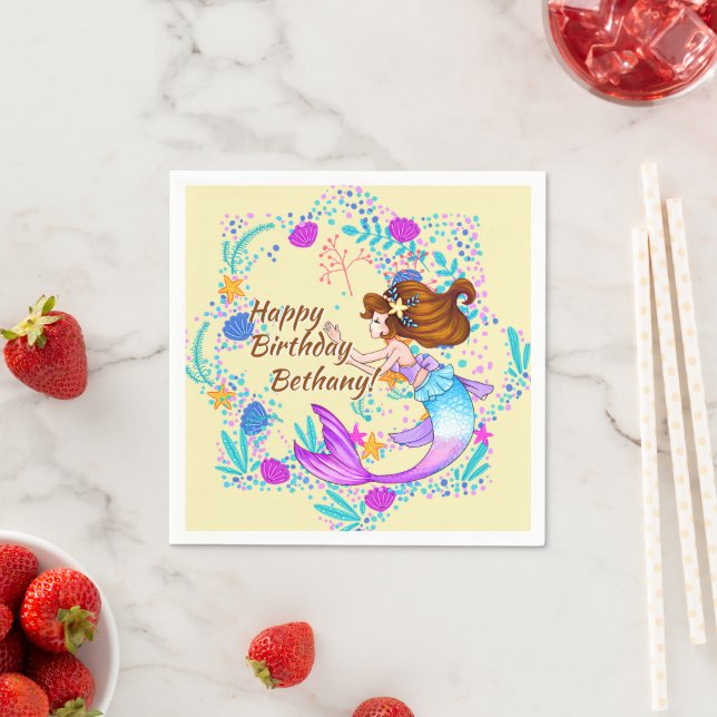 Name Brown Hair Mermaid Mauve auf Cream Party hinz Serviette (Beispiel)