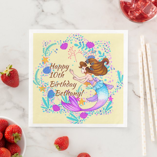 Name Brown Hair Mermaid Mauve auf Cream Party hinz Serviette (Beispiel)